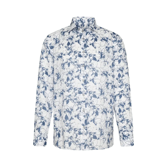 Bugatti Patterned shirt made from 100% linen in blue grey